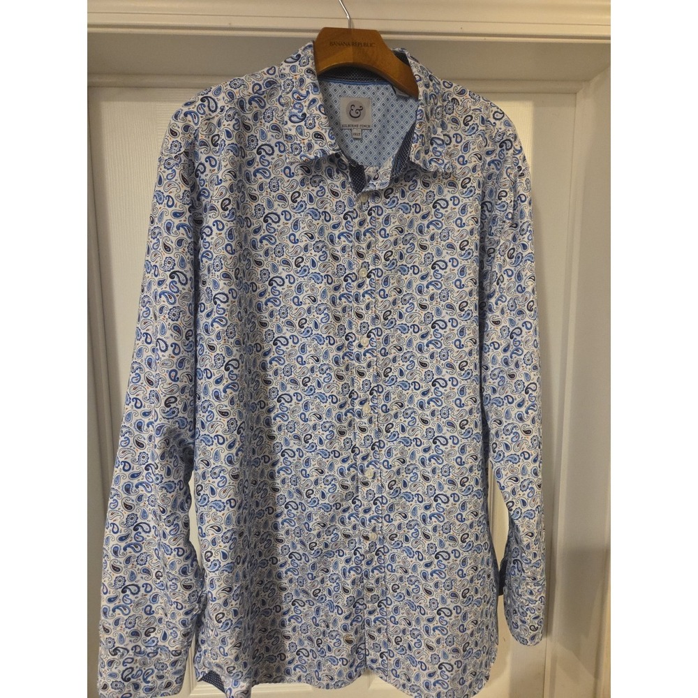 Kilburne & Finch Mens Shirt 2XLT Blue White Paisley‎ Flip Cuff 100% Polyester